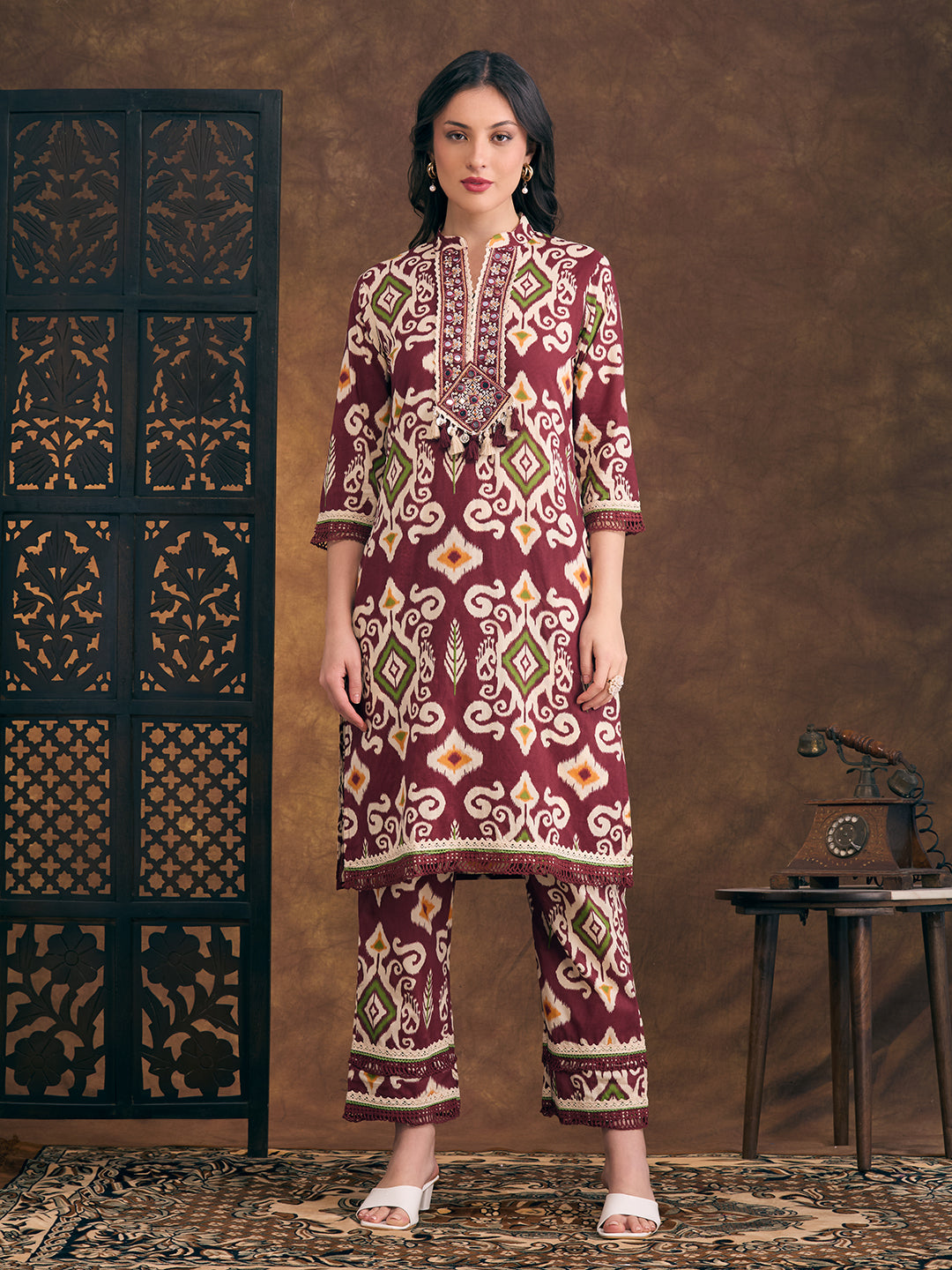 Ethnic Ikat Printed Embroidered Straight Fit Kurta with Pant - Maroon