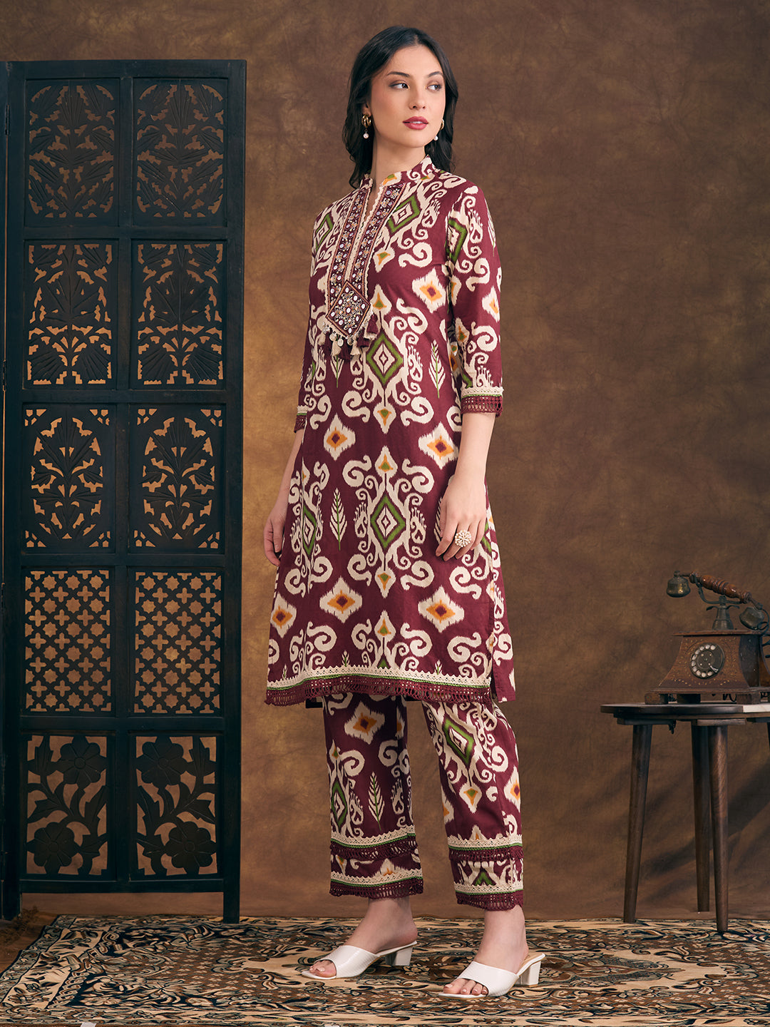 Ethnic Ikat Printed Embroidered Straight Fit Kurta with Pant - Maroon