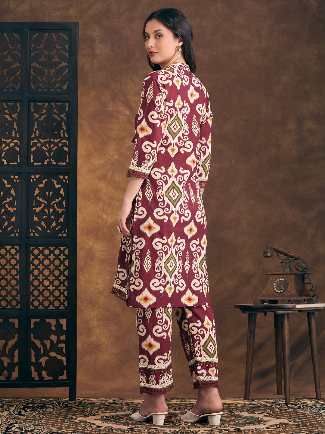 Ethnic Ikat Printed Embroidered Straight Fit Kurta with Pant - Maroon