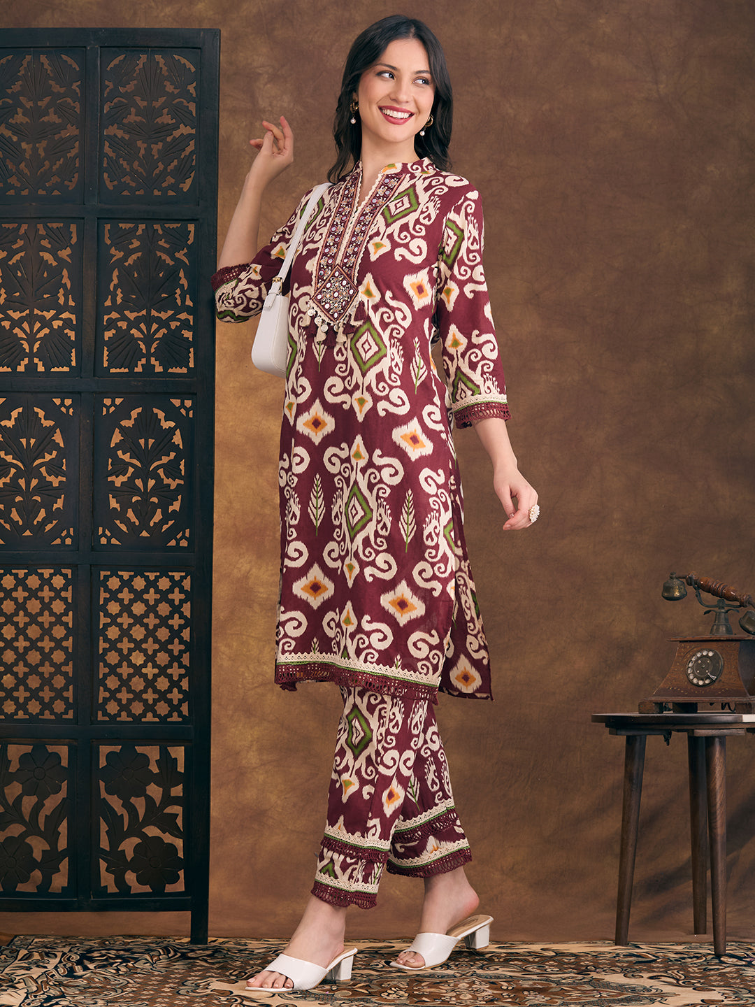 Ethnic Ikat Printed Embroidered Straight Fit Kurta with Pant - Maroon