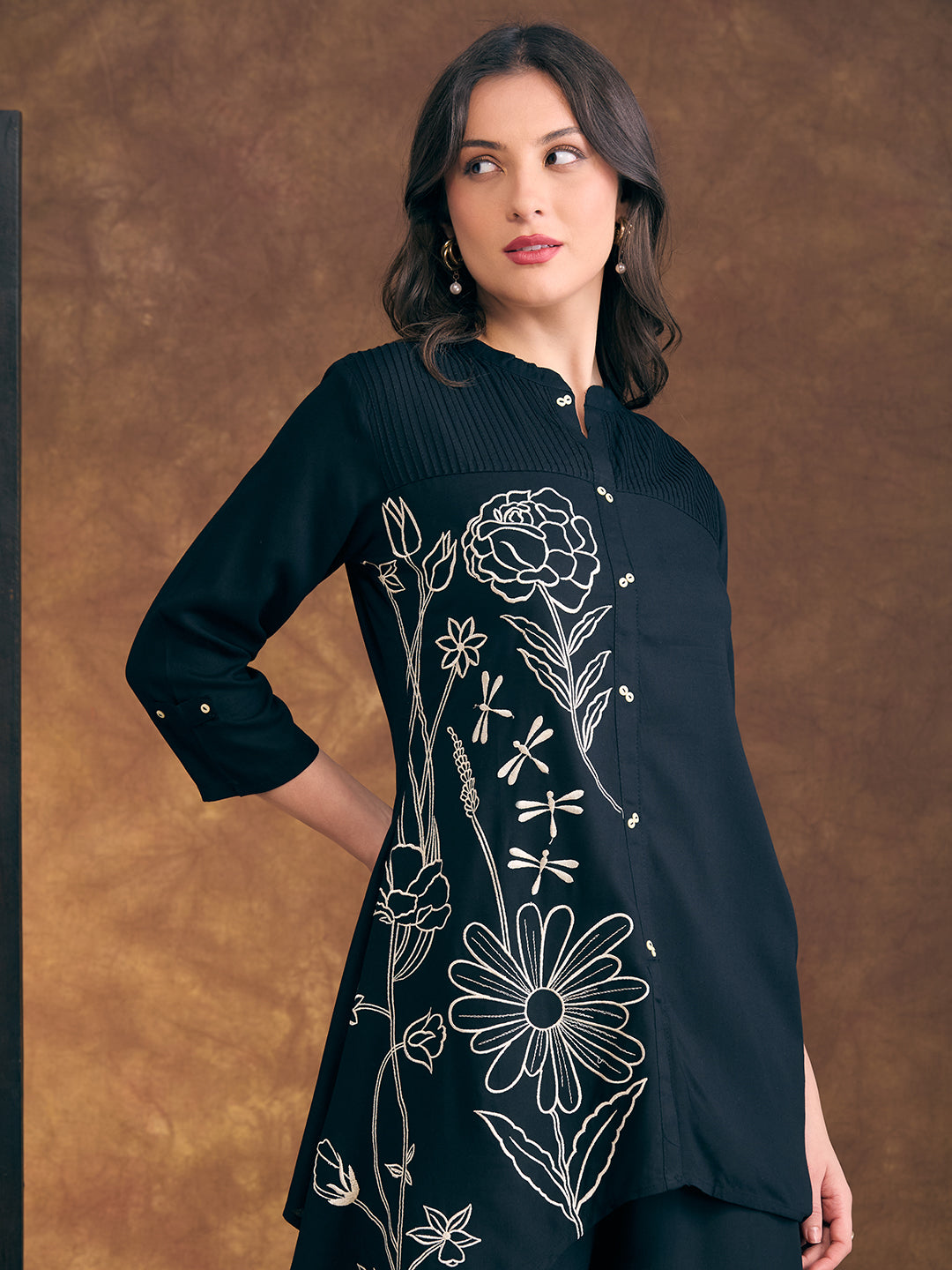 Solid Floral Embroidered Straight Fit Co-ord Set - Black