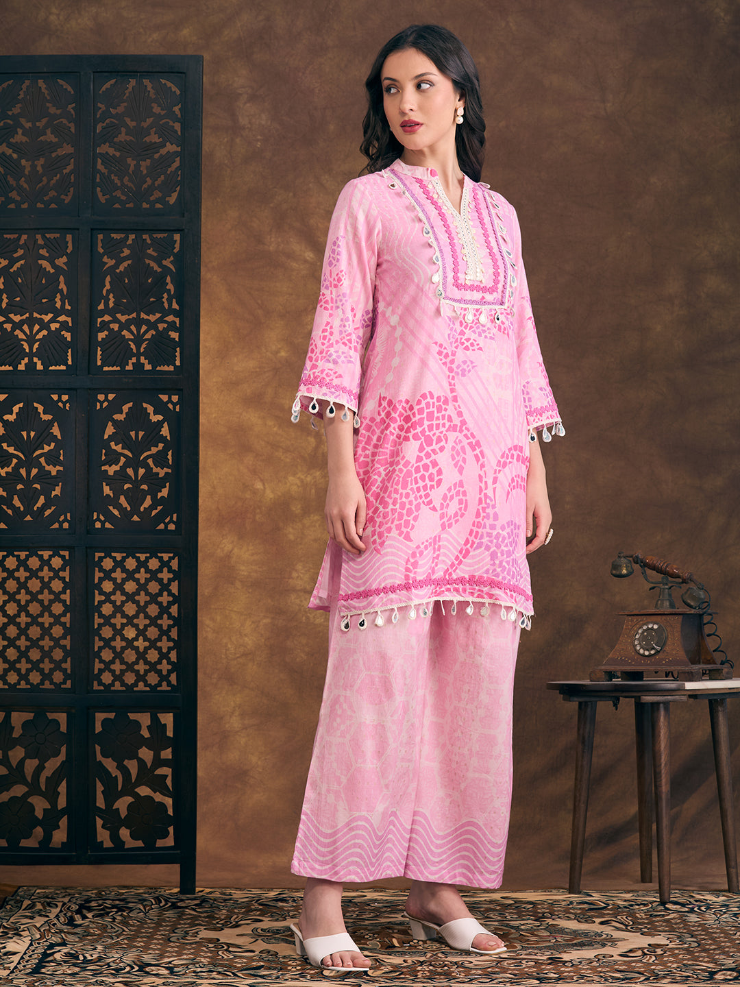 Ethnic Floral Printed Embroidered Straight Fit Kurta with Palazzo - Pink