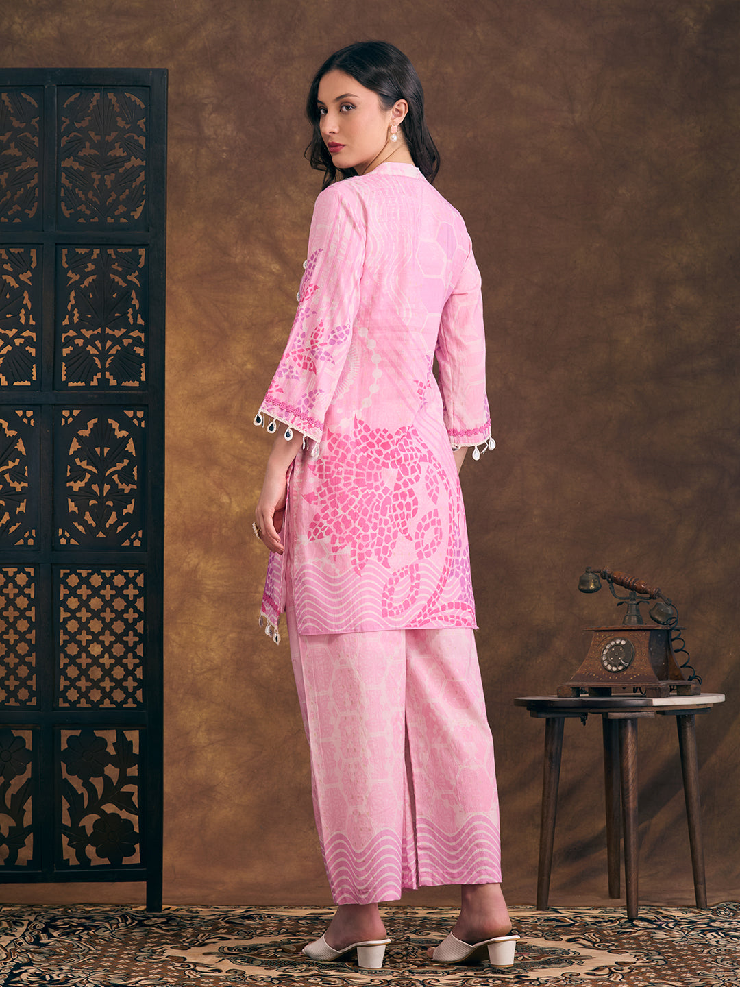 Ethnic Floral Printed Embroidered Straight Fit Kurta with Palazzo - Pink
