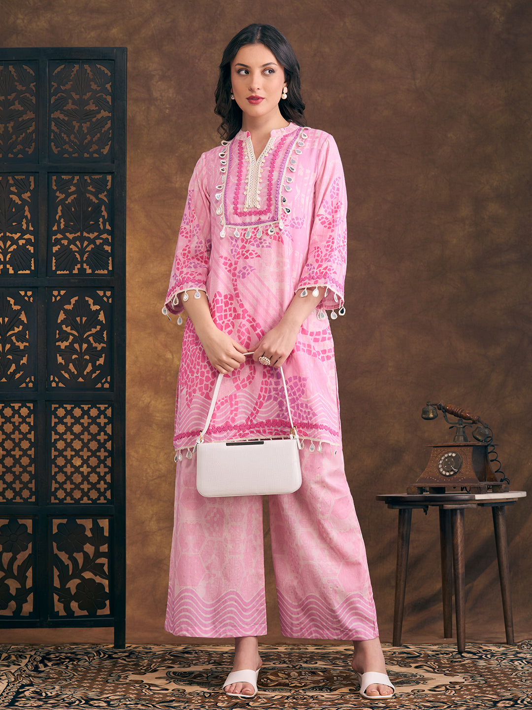Ethnic Floral Printed Embroidered Straight Fit Kurta with Palazzo - Pink