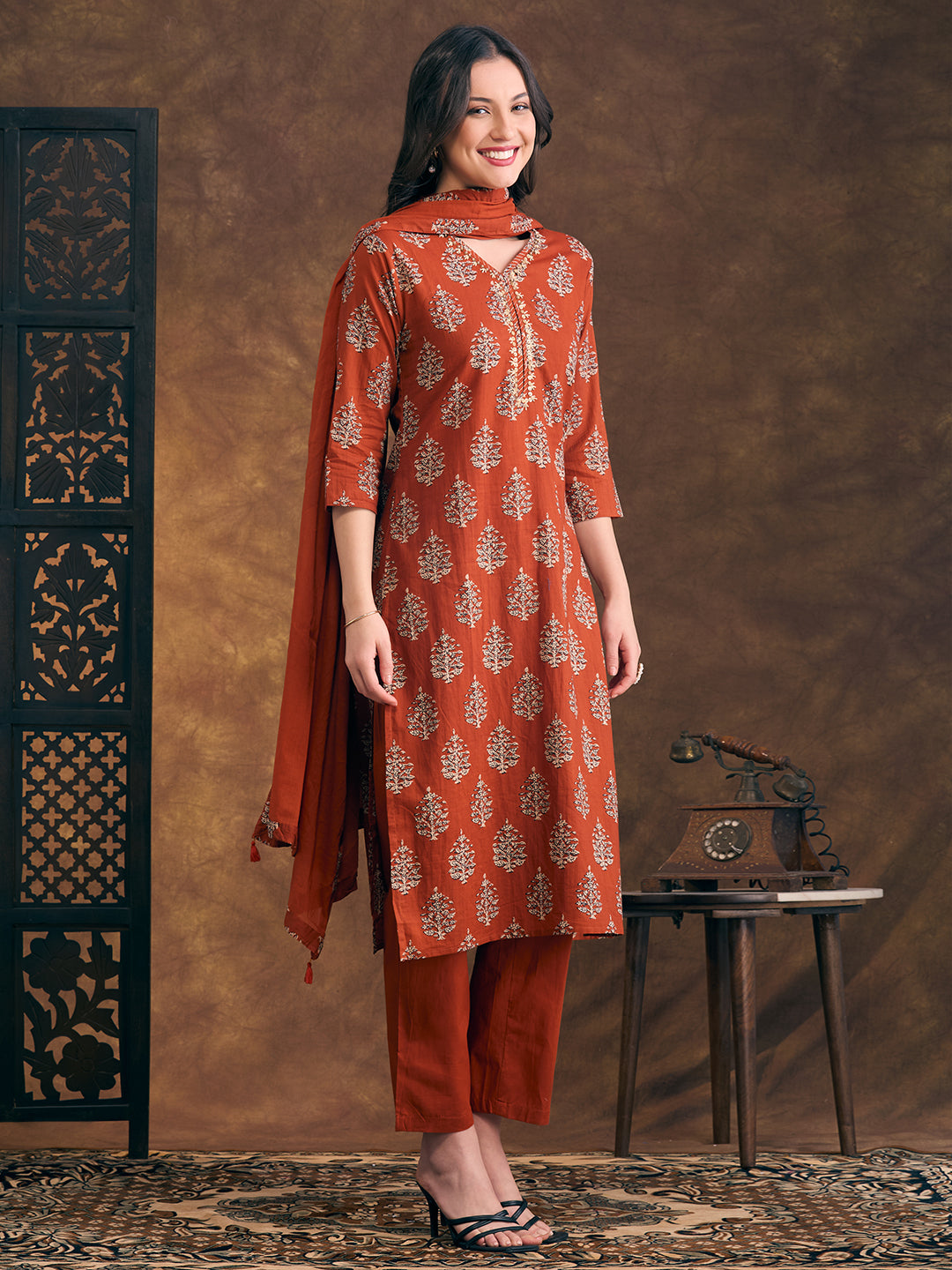 Ethnic Floral Printed Embroidered Straight Fit Kurta with Pant and Dupatta - Rust