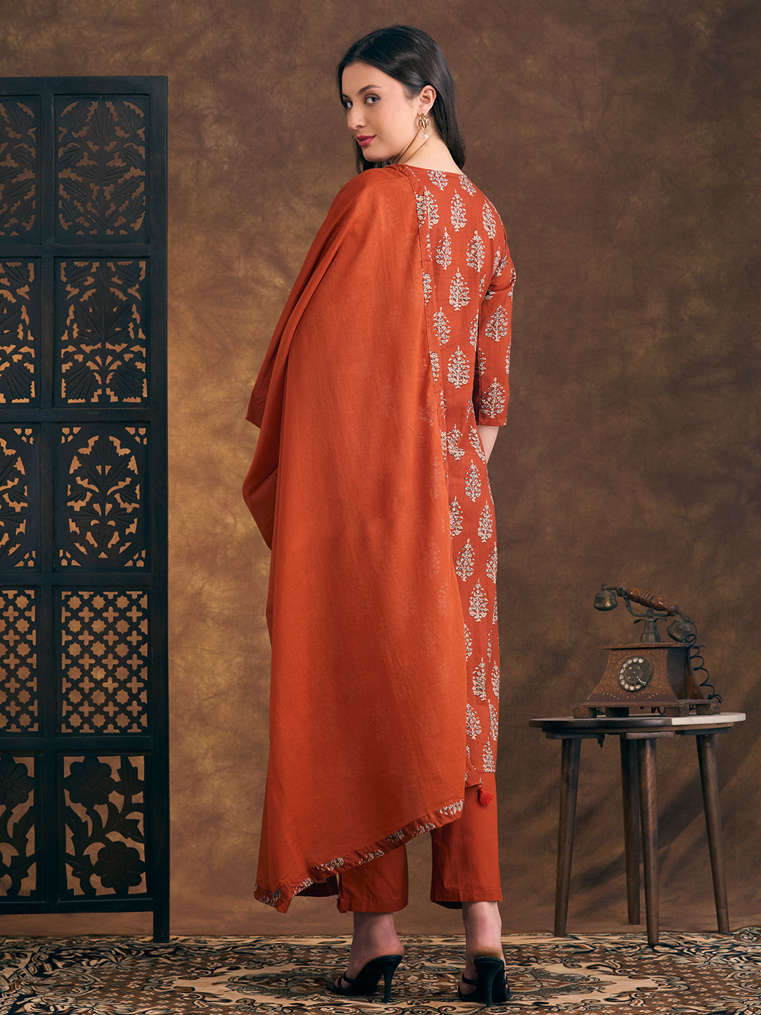 Ethnic Floral Printed Embroidered Straight Fit Kurta with Pant and Dupatta - Rust