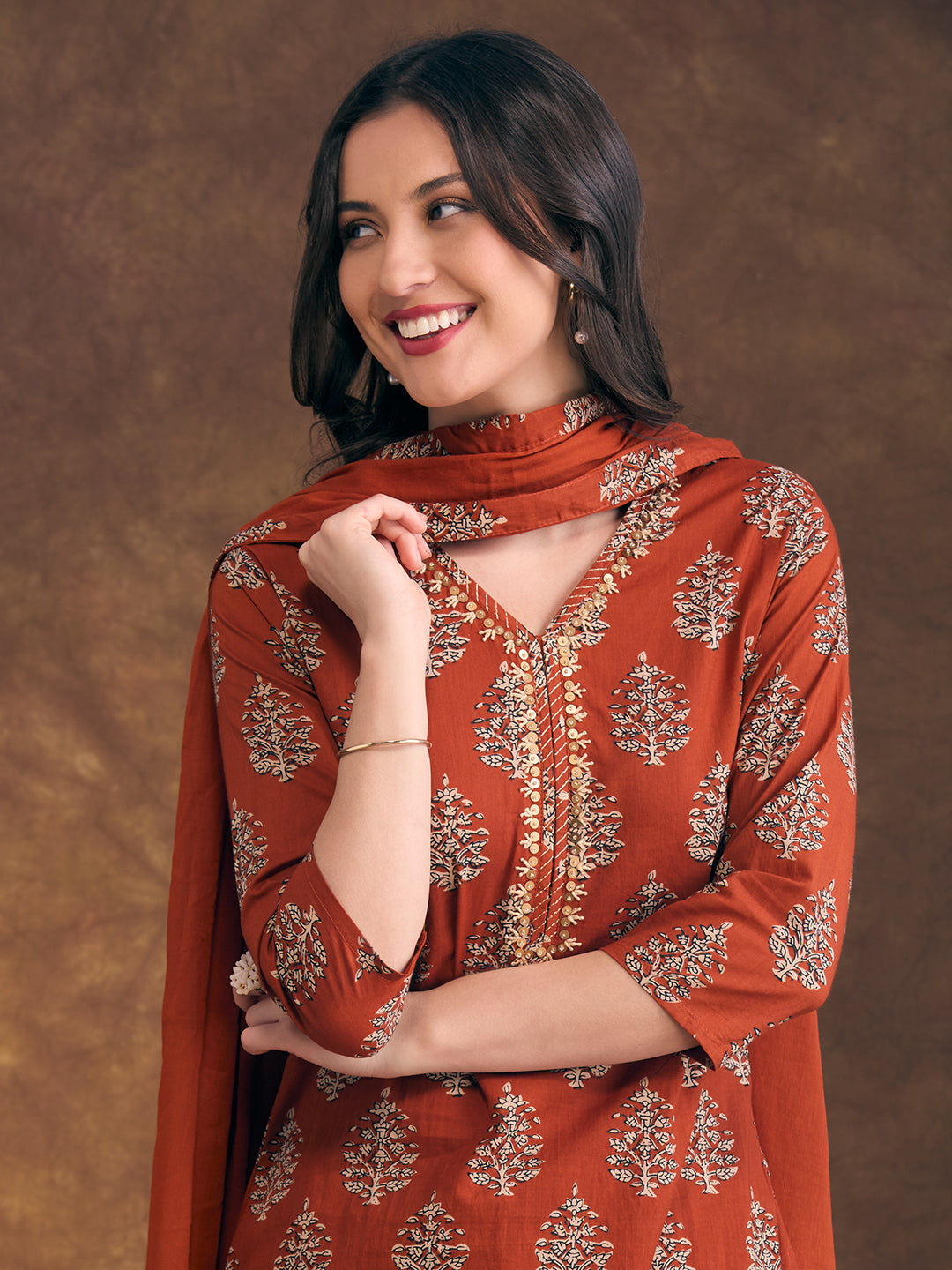 Ethnic Floral Printed Embroidered Straight Fit Kurta with Pant and Dupatta - Rust