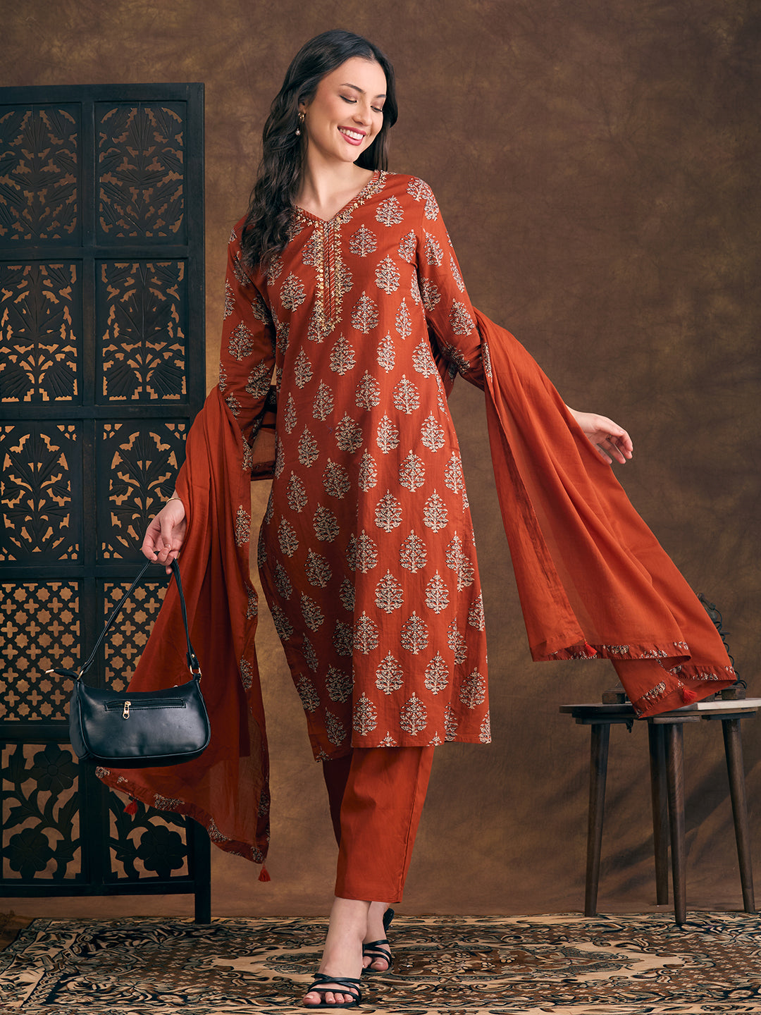 Ethnic Floral Printed Embroidered Straight Fit Kurta with Pant and Dupatta - Rust