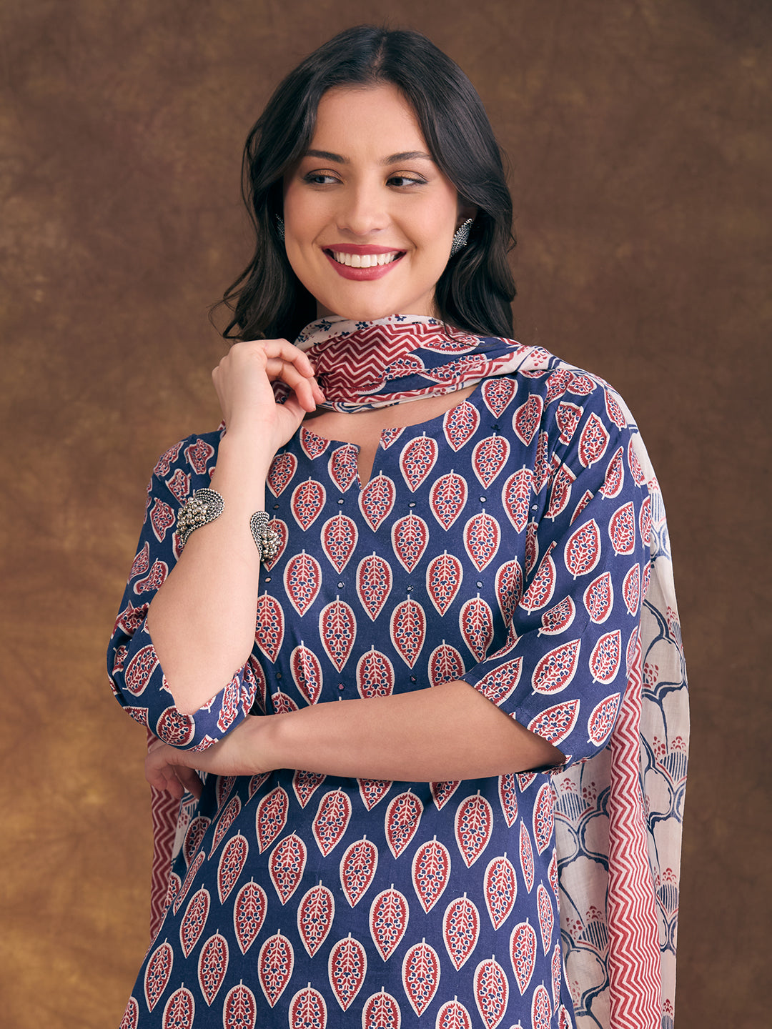 Ethnic Floral Printed Straight Fit Kurta with Pant And Pure Cotton Dupatta - Blue