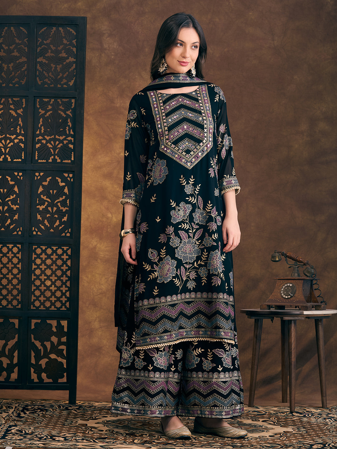 Solid Ethnic Embroidered Straight Fit Kurta with Palazzo and Dupatta - Teal Blue