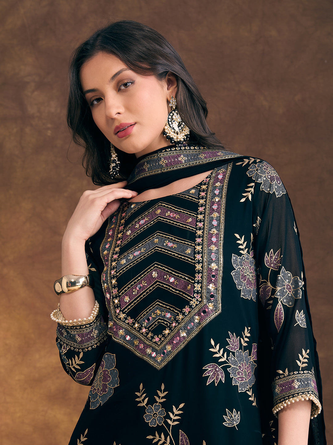 Solid Ethnic Embroidered Straight Fit Kurta with Palazzo and Dupatta - Teal Blue