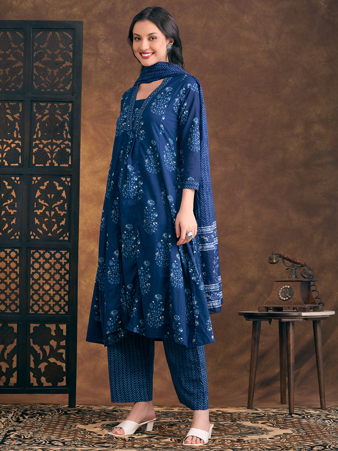 Floral Printed & Embroidered A-Line Paneled Kurta with Palazzo & Dupatta - Navy Blue