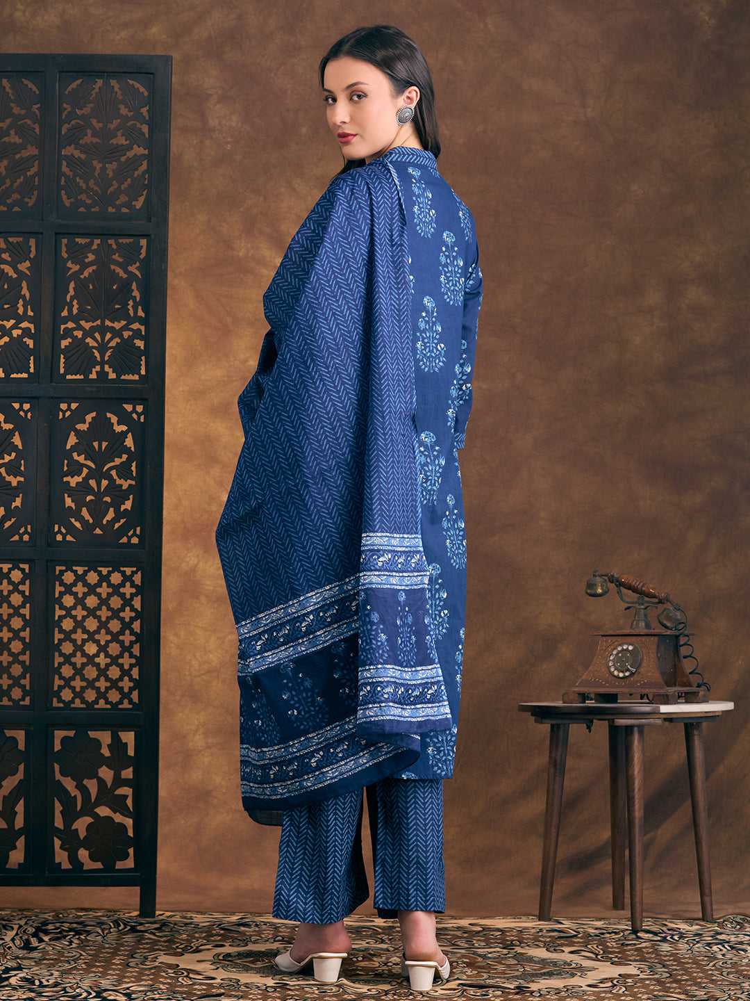 Floral Printed & Embroidered A-Line Paneled Kurta with Palazzo & Dupatta - Navy Blue