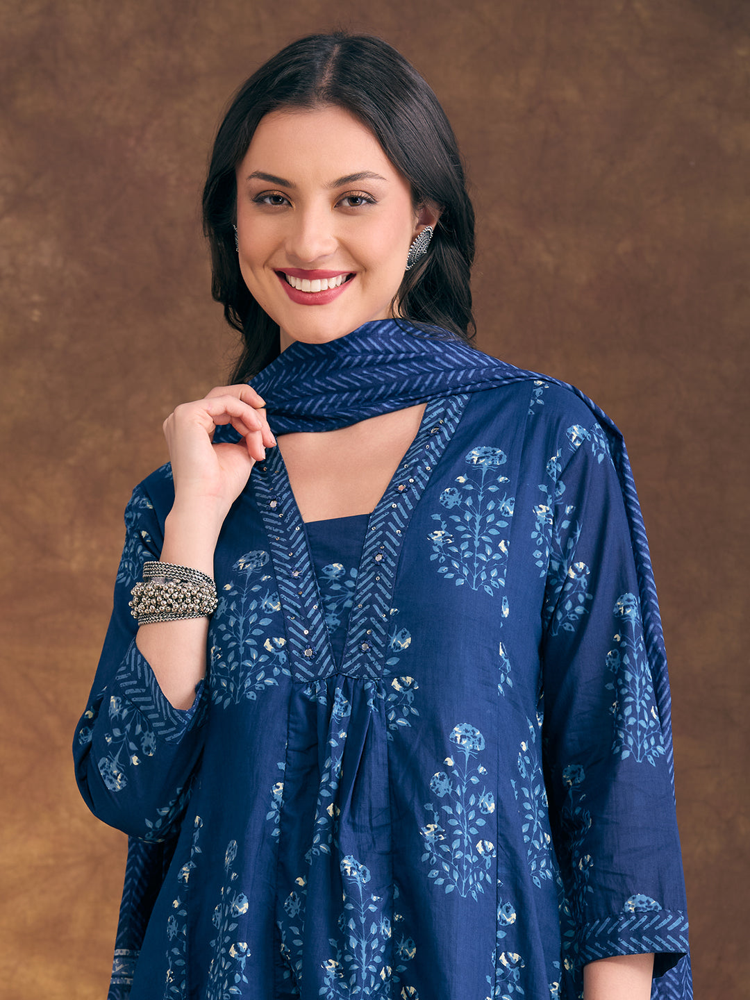Floral Printed & Embroidered A-Line Paneled Kurta with Palazzo & Dupatta - Navy Blue