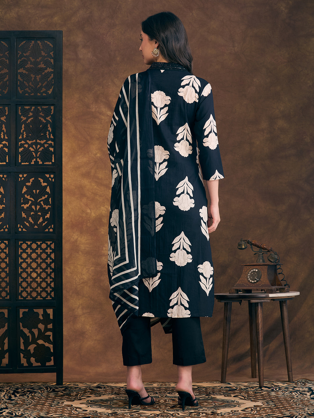 Ethnic Floral Printed Embroidered Straight Fit Kurta with Pant and Dupatta - Navy Blue