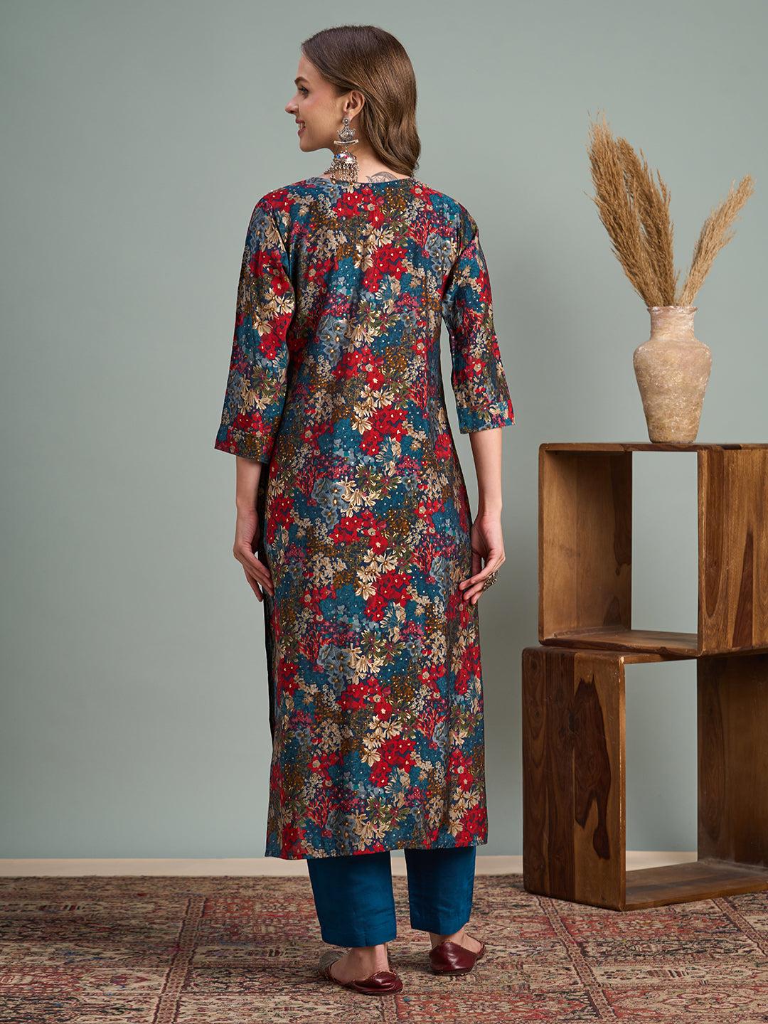 Abstract Floral Foil Printed Straight Fit Kurta - Multi