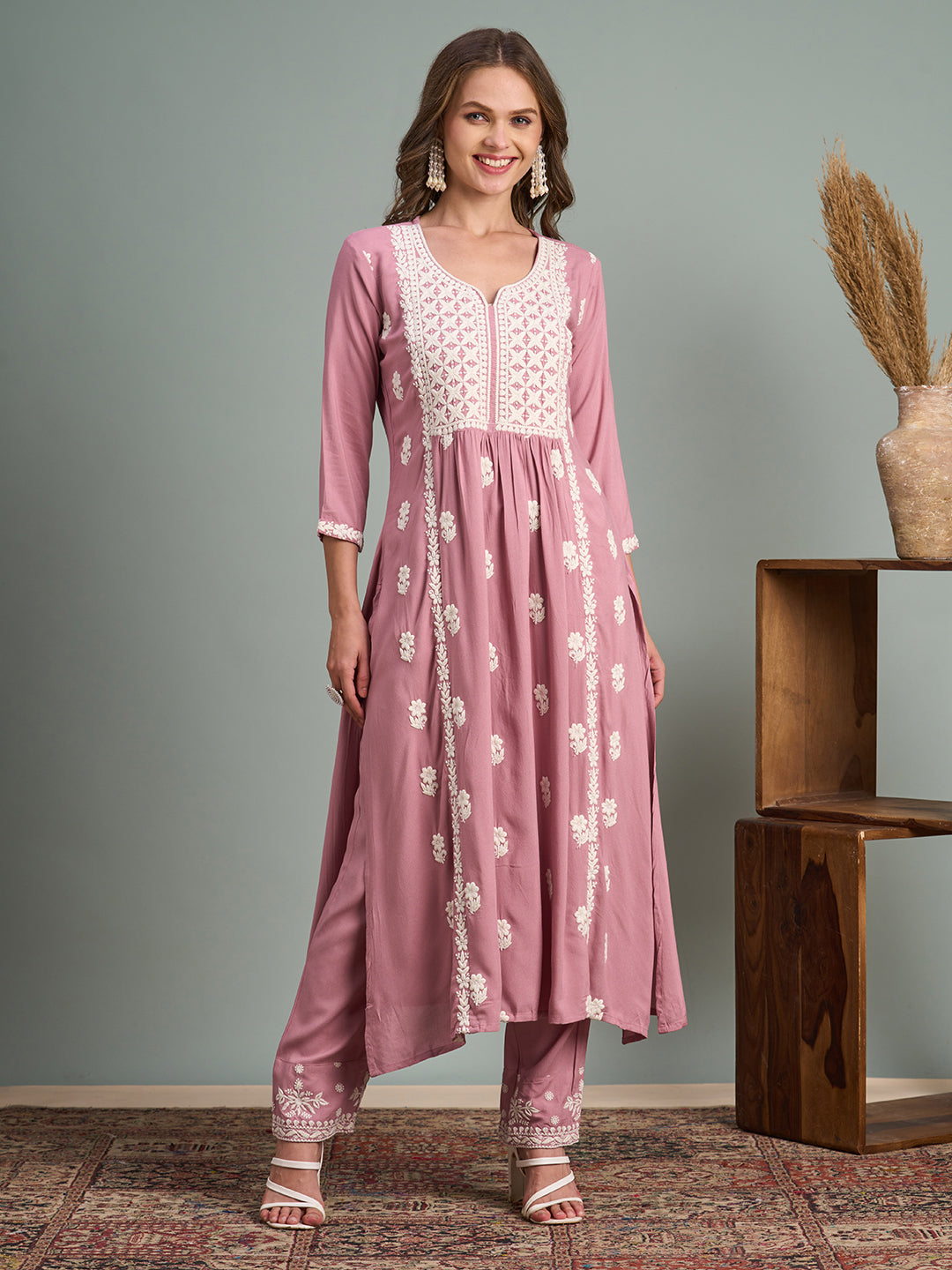 Chikankari Embroidered A-Line Paneled Kurta with Pant - Pink