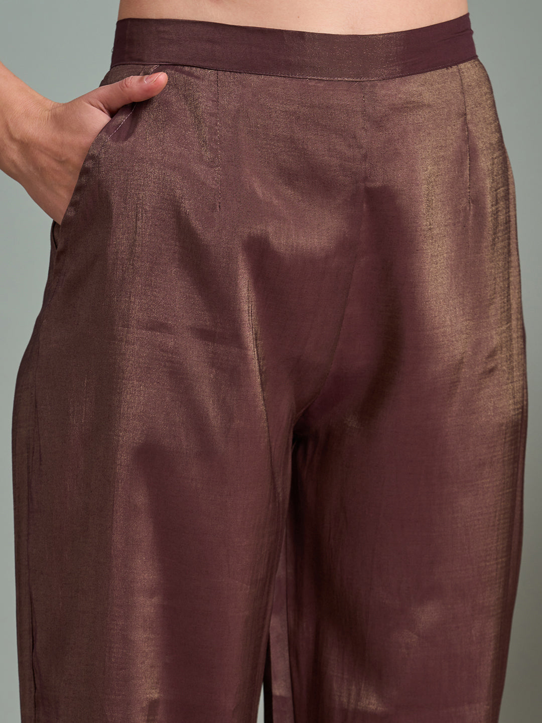 Ethnic Floral Printed A-Line Tissue Kurta with Pant - Brown