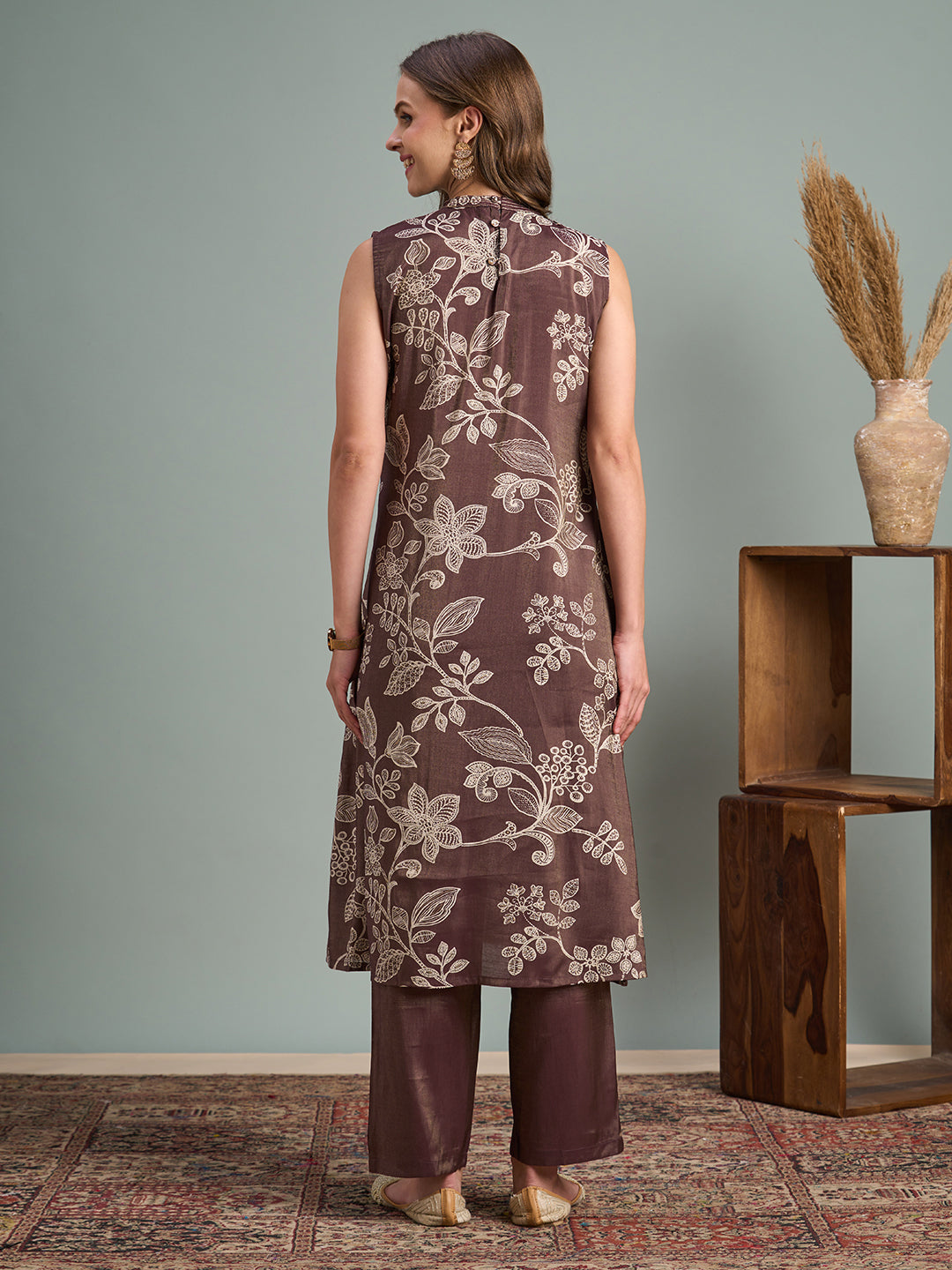 Ethnic Floral Printed A-Line Tissue Kurta with Pant - Brown