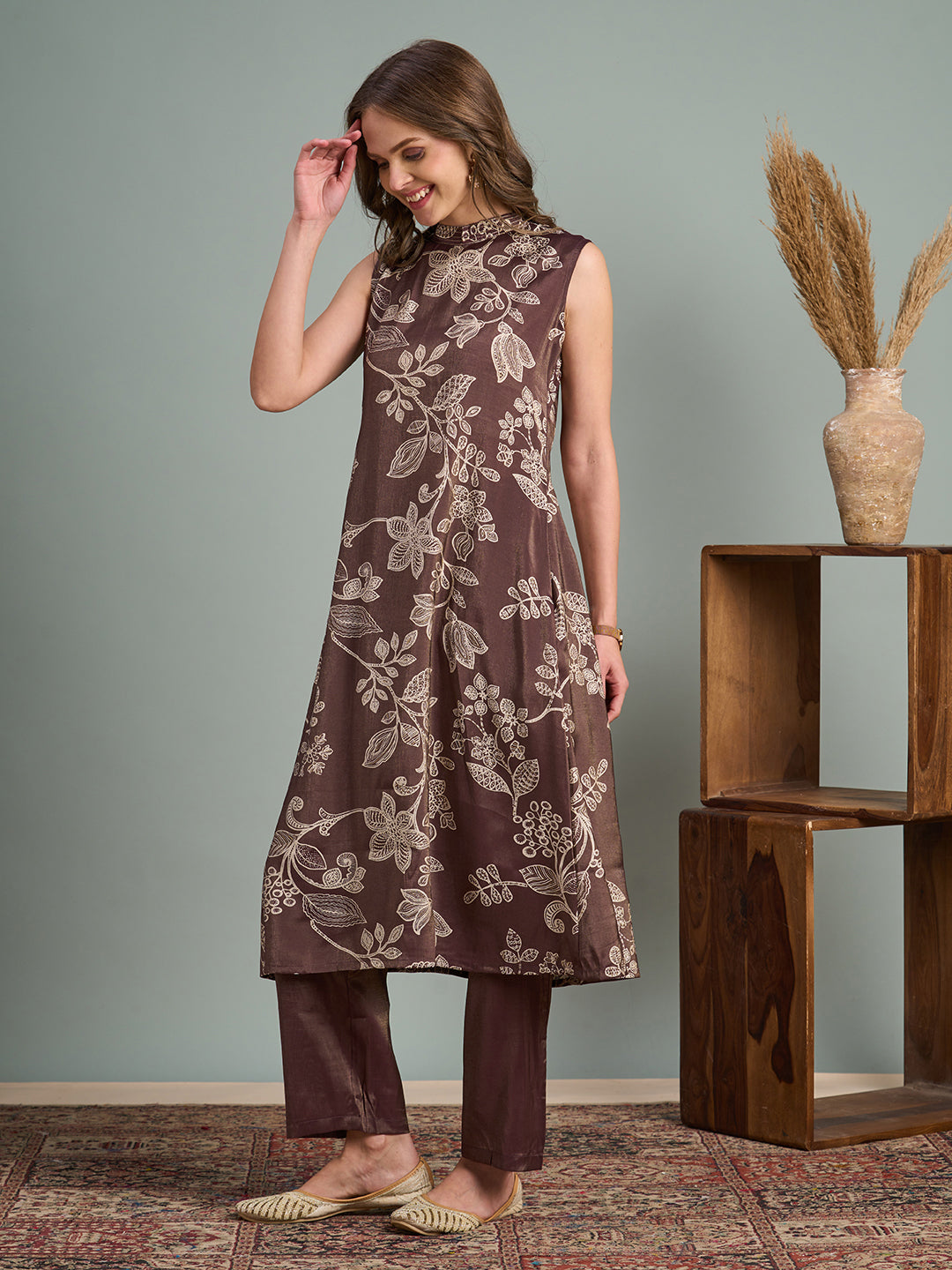Ethnic Floral Printed A-Line Tissue Kurta with Pant - Brown