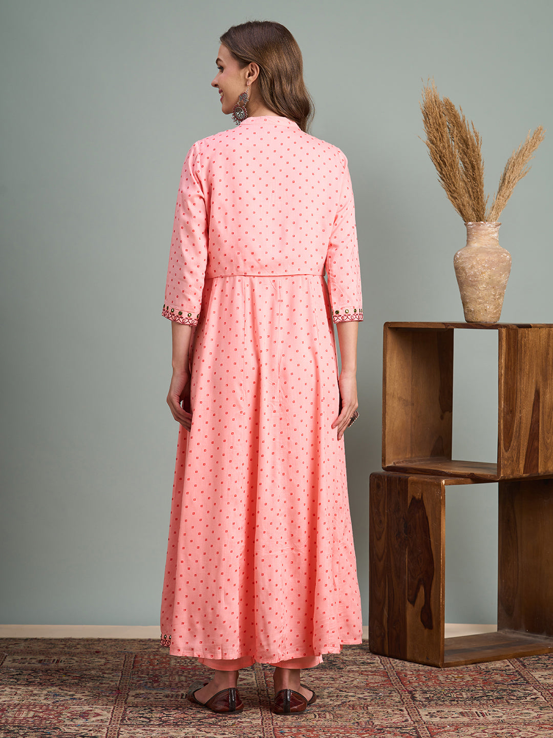 Ethnic Printed Anarkali Flared Kurta with Embroidered Short Jacket and Pant - Peach