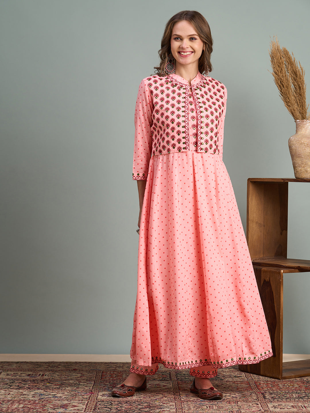 Ethnic Printed Anarkali Flared Kurta with Embroidered Short Jacket and Pant - Peach