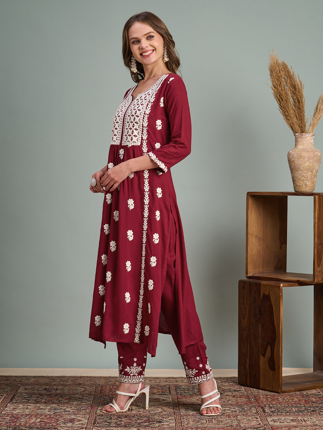 Chikankari Embroidered A-Line Paneled Kurta with Pant - Maroon