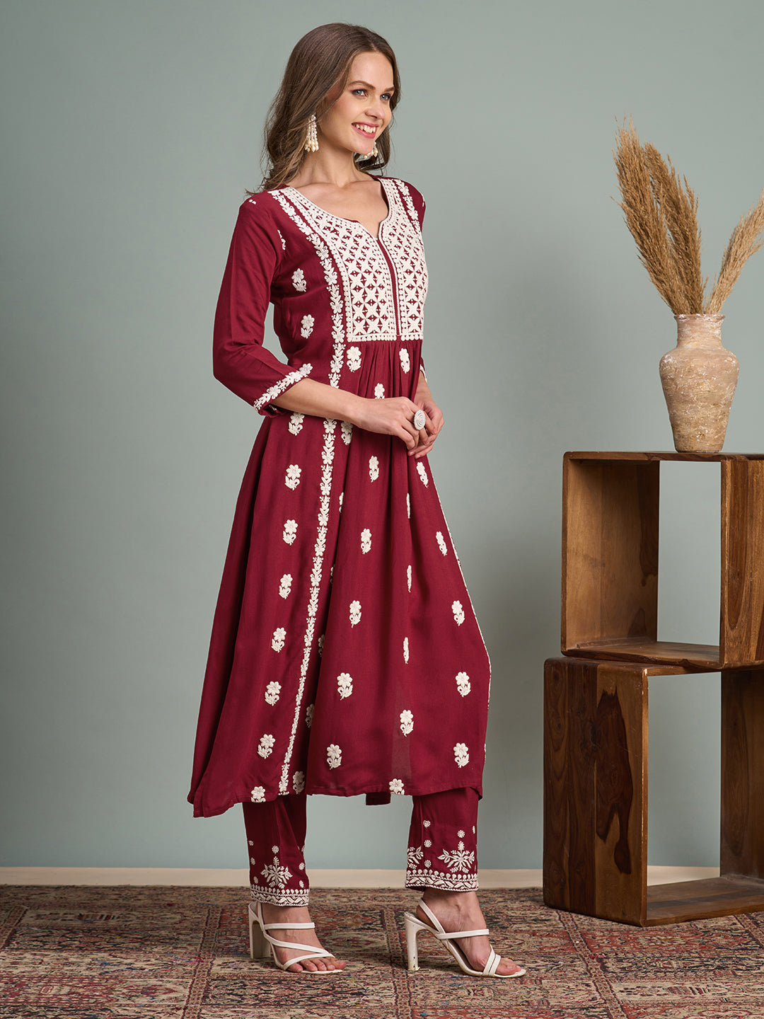 Chikankari Embroidered A-Line Paneled Kurta with Pant - Maroon