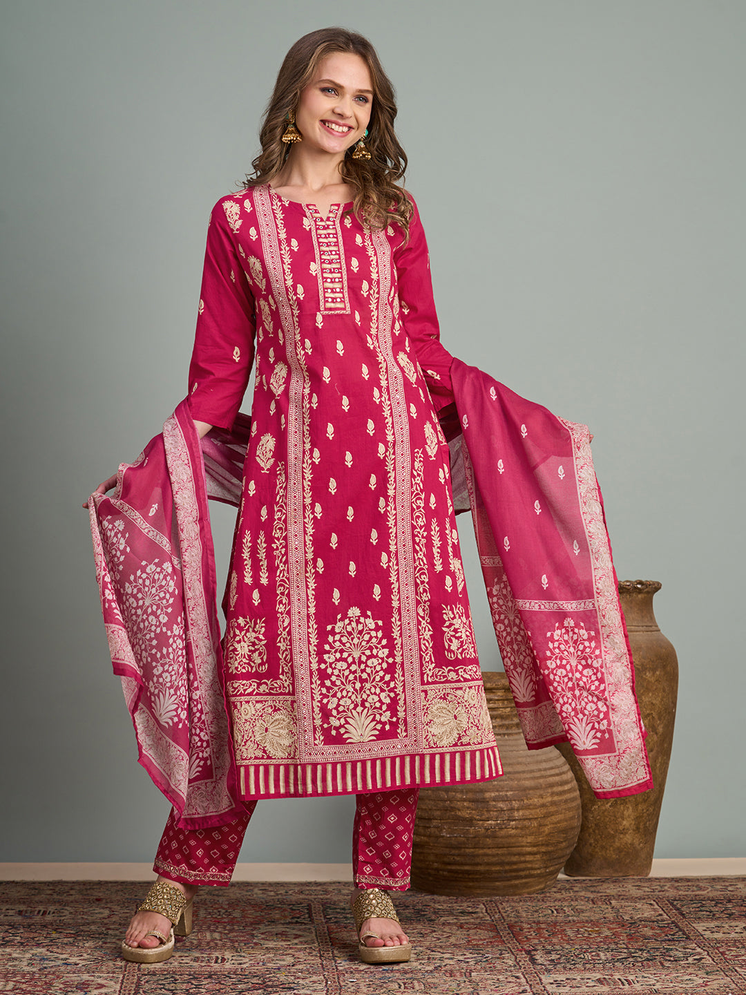 Ethnic Floral Printed Embroidered Straight Fit Kurta with Pant and Dupatta - Rani