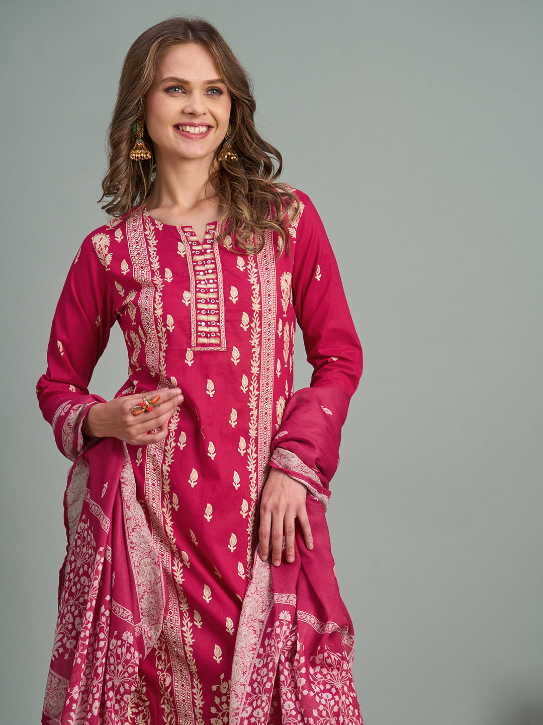 Ethnic Floral Printed Embroidered Straight Fit Kurta with Pant and Dupatta - Rani