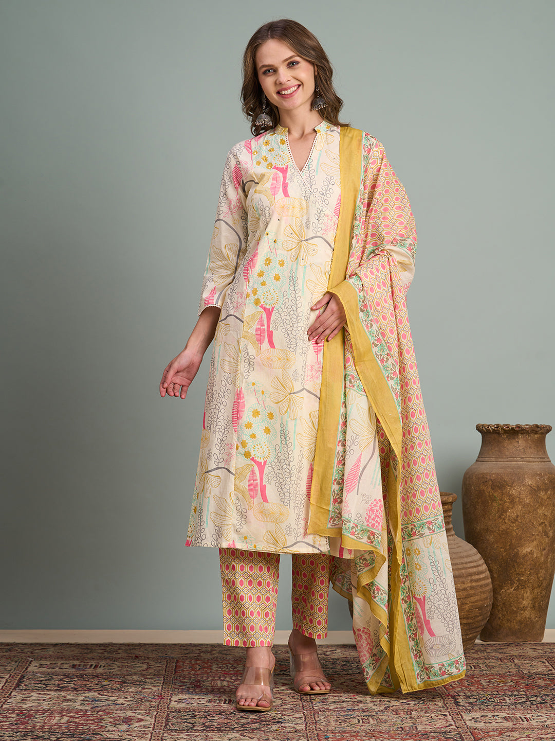 Abstract Floral Printed A-Line Paneled Kurta with Pant and Dupatta - Multi