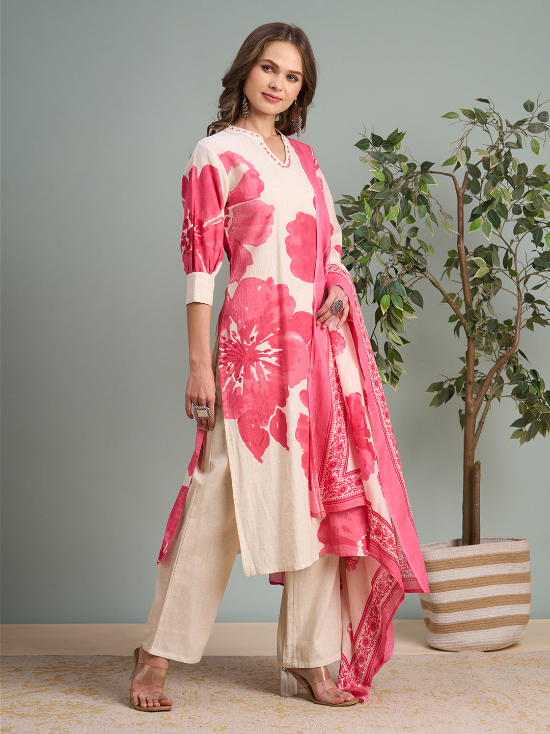 Abstract Floral Printed Straight Fit Kurta with Pant & Dupatta - Pink