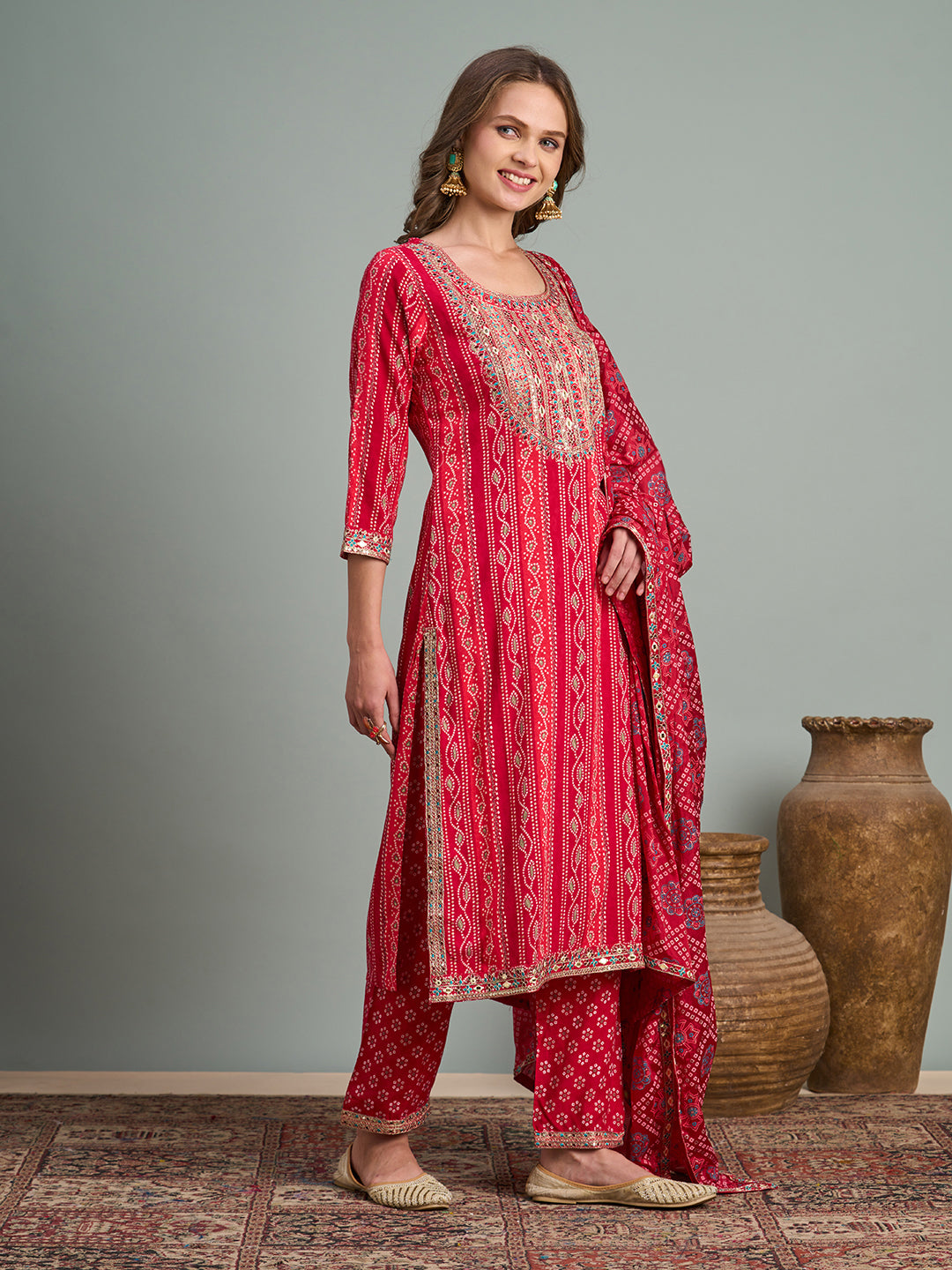 Bandhani Printed & Embroidered Straight Fit Kurta with Pant and Dupatta - Pink