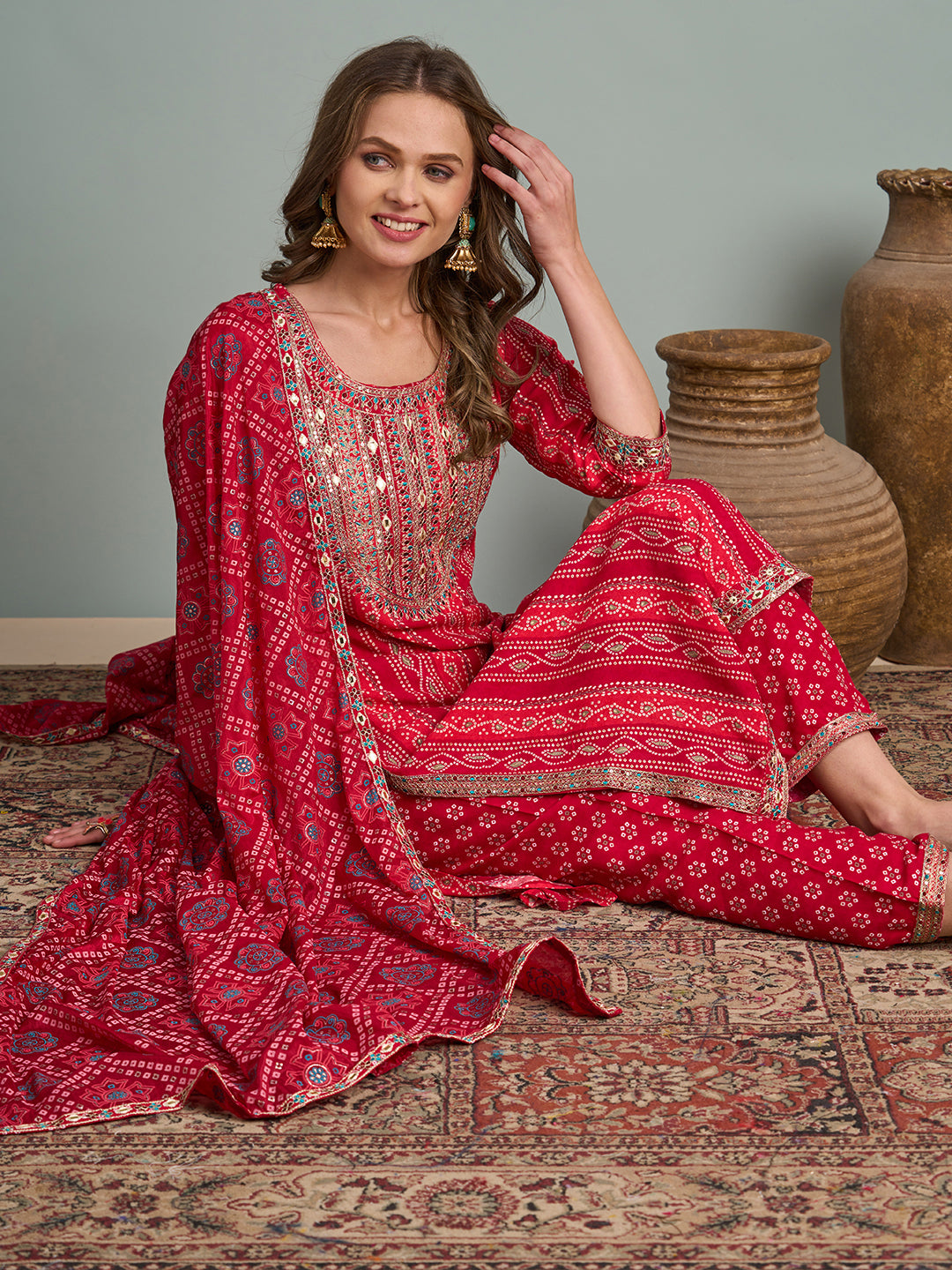 Bandhani Printed & Embroidered Straight Fit Kurta with Pant and Dupatta - Pink