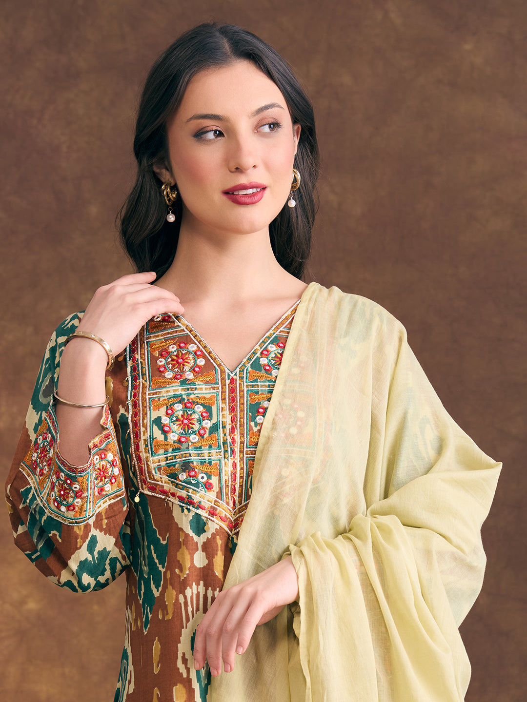 Ikat Printed & Embroidered Straight Kurta with Palazzo & Dupatta - Multi