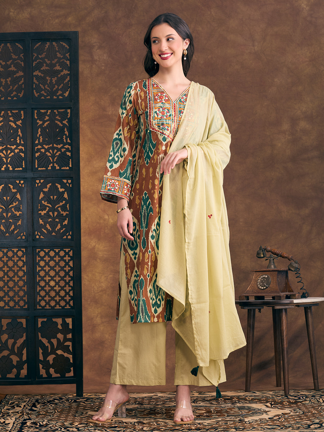 Ikat Printed & Embroidered Straight Kurta with Palazzo & Dupatta - Multi