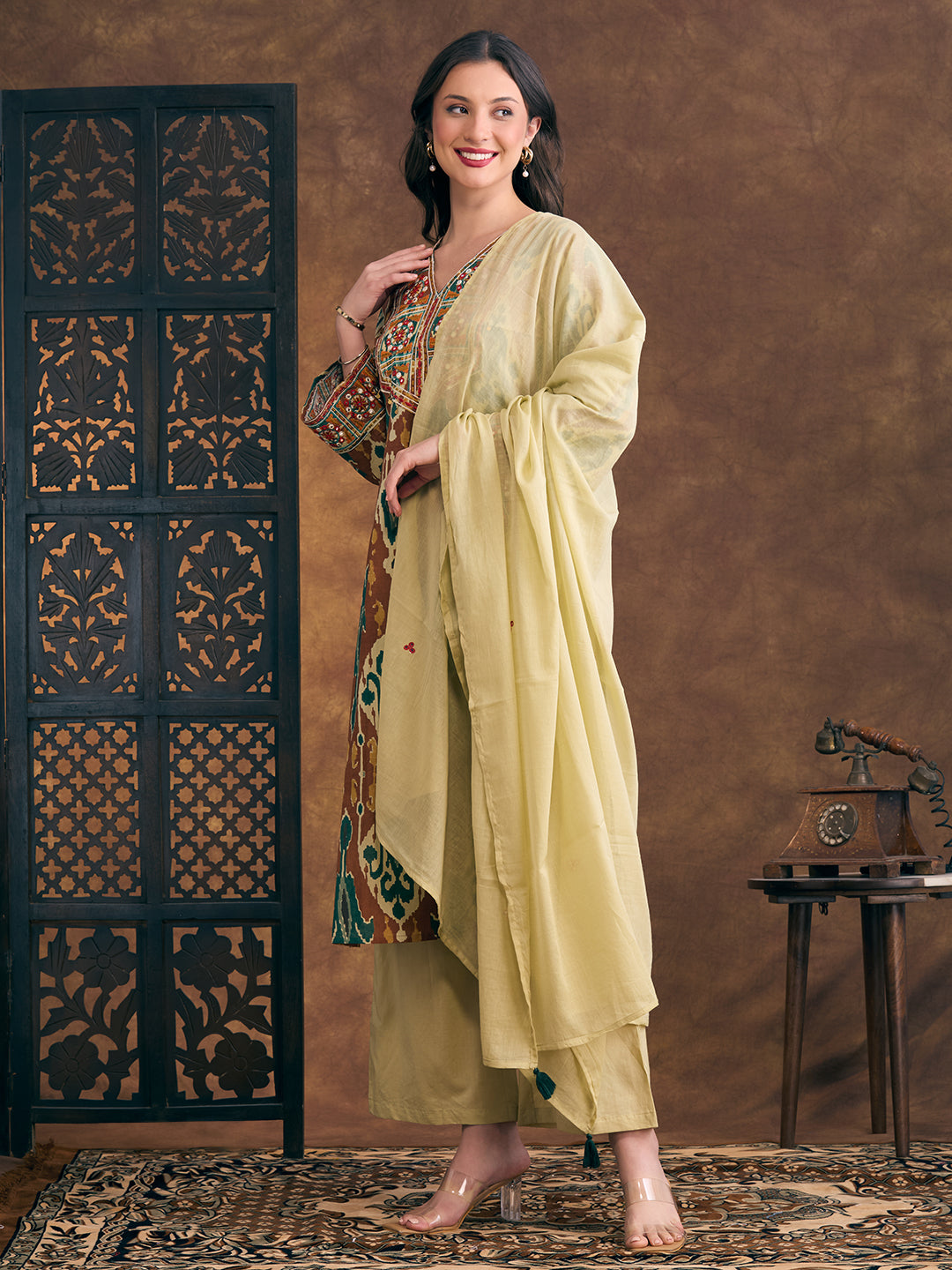 Ikat Printed & Embroidered Straight Kurta with Palazzo & Dupatta - Multi