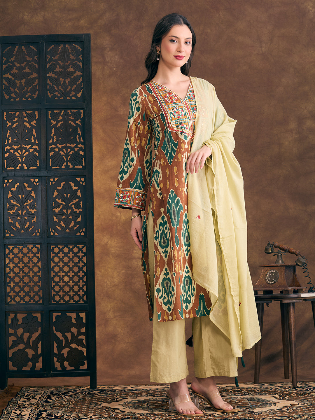 Ikat Printed & Embroidered Straight Kurta with Palazzo & Dupatta - Multi