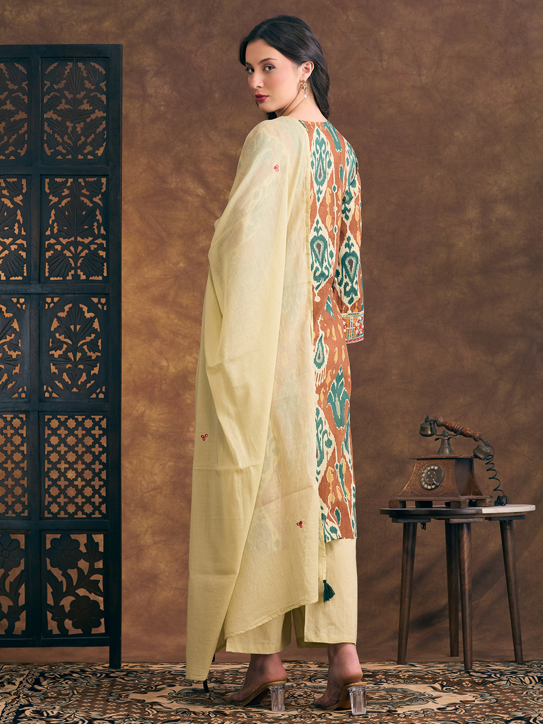 Ikat Printed & Embroidered Straight Kurta with Palazzo & Dupatta - Multi
