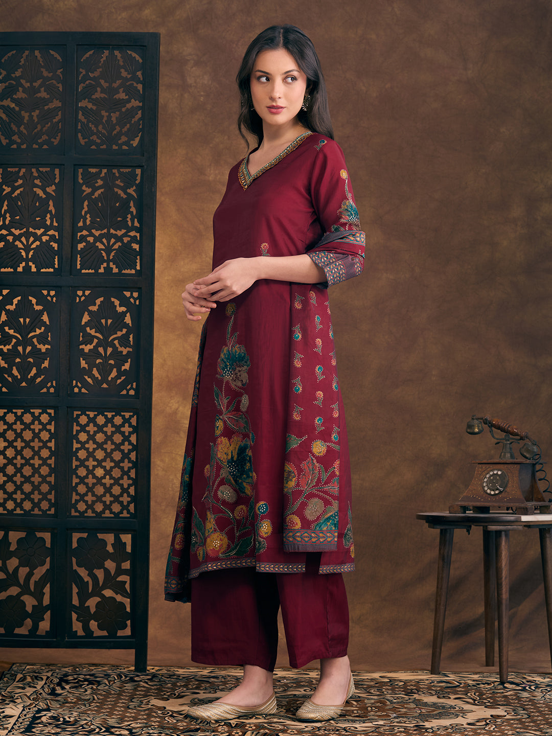 Abstract Floral Printed Embroidered Straight Fit Kurta with Palazzo and Dupatta - Maroon