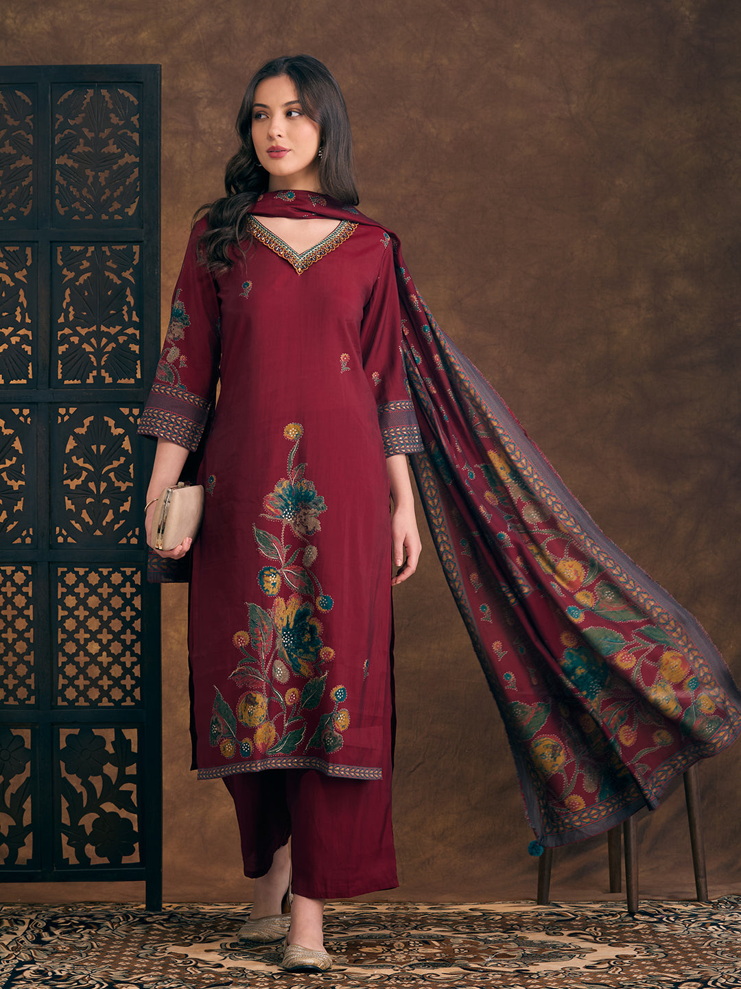 Abstract Floral Printed Embroidered Straight Fit Kurta with Palazzo and Dupatta - Maroon