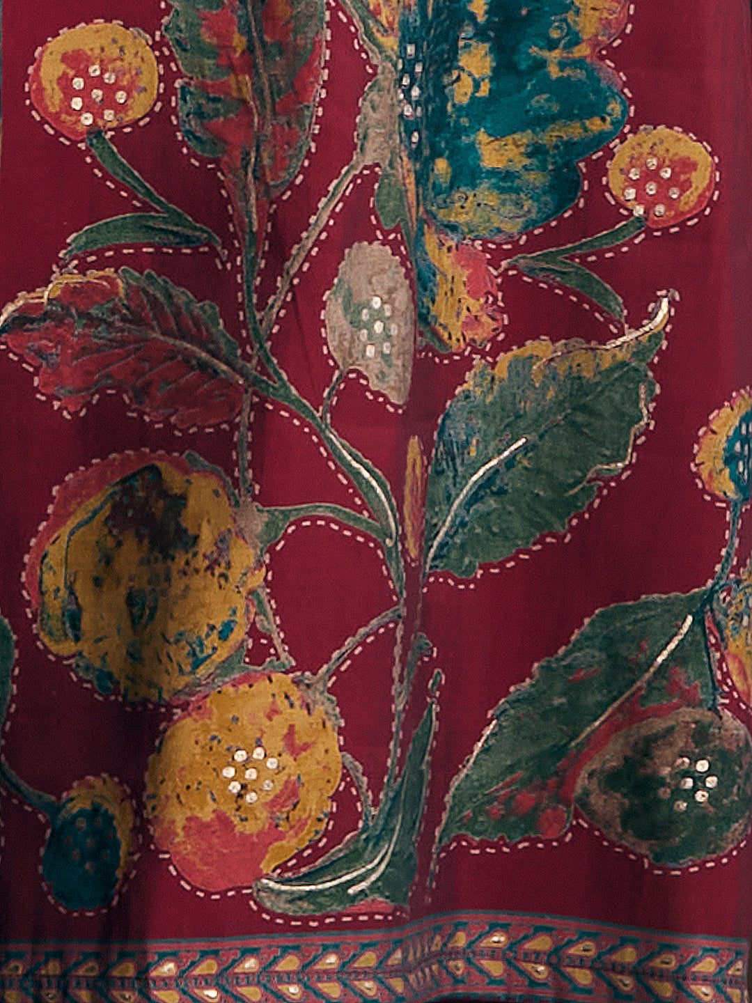 Abstract Floral Printed Embroidered Straight Fit Kurta with Palazzo and Dupatta - Maroon