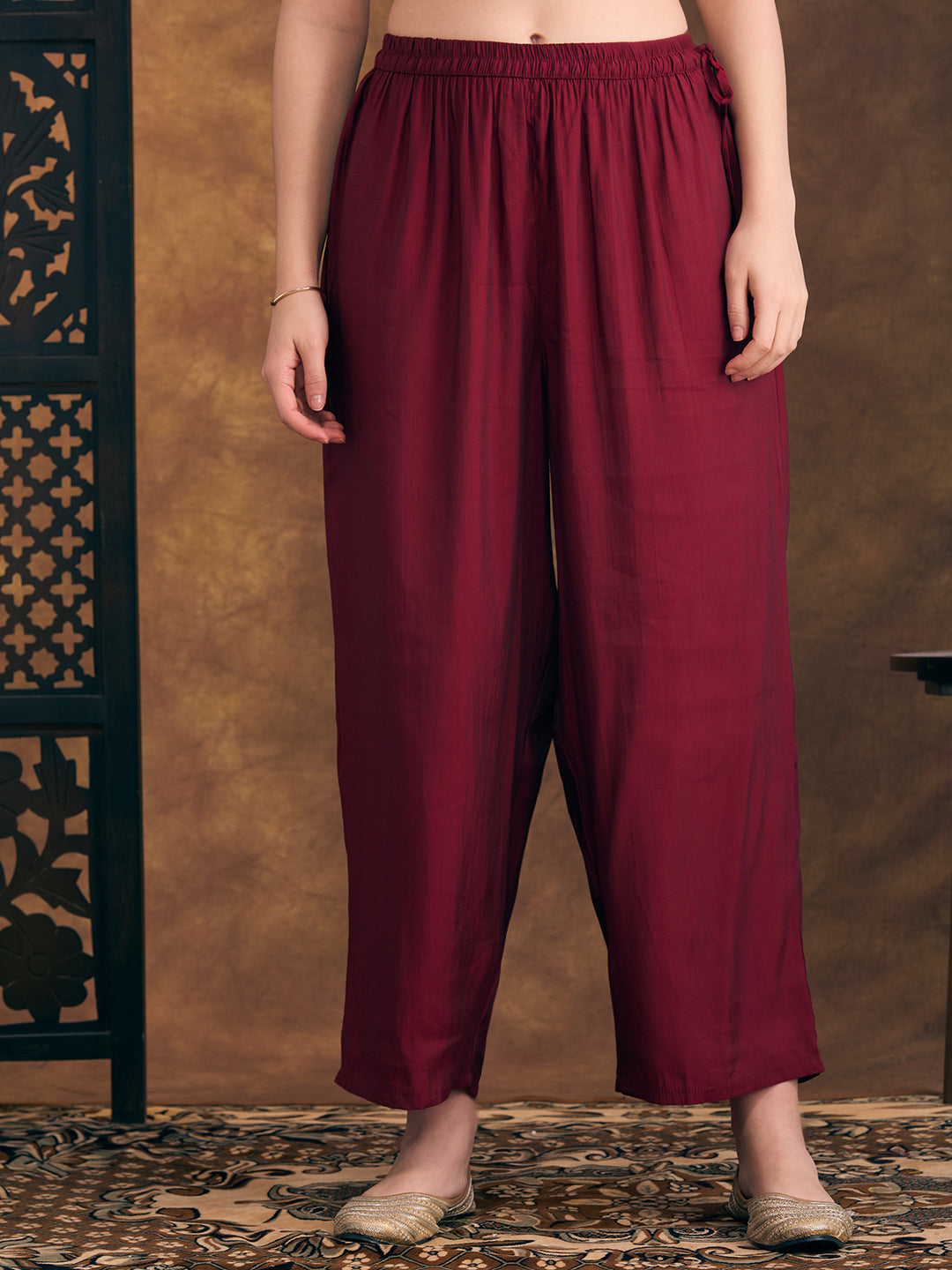 Abstract Floral Printed Embroidered Straight Fit Kurta with Palazzo and Dupatta - Maroon