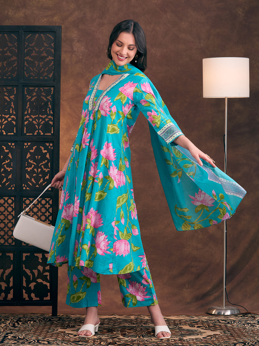 Floral Printed & Embroidered A-Line Paneled Kurta with Palazzo & Dupatta - Sea Green