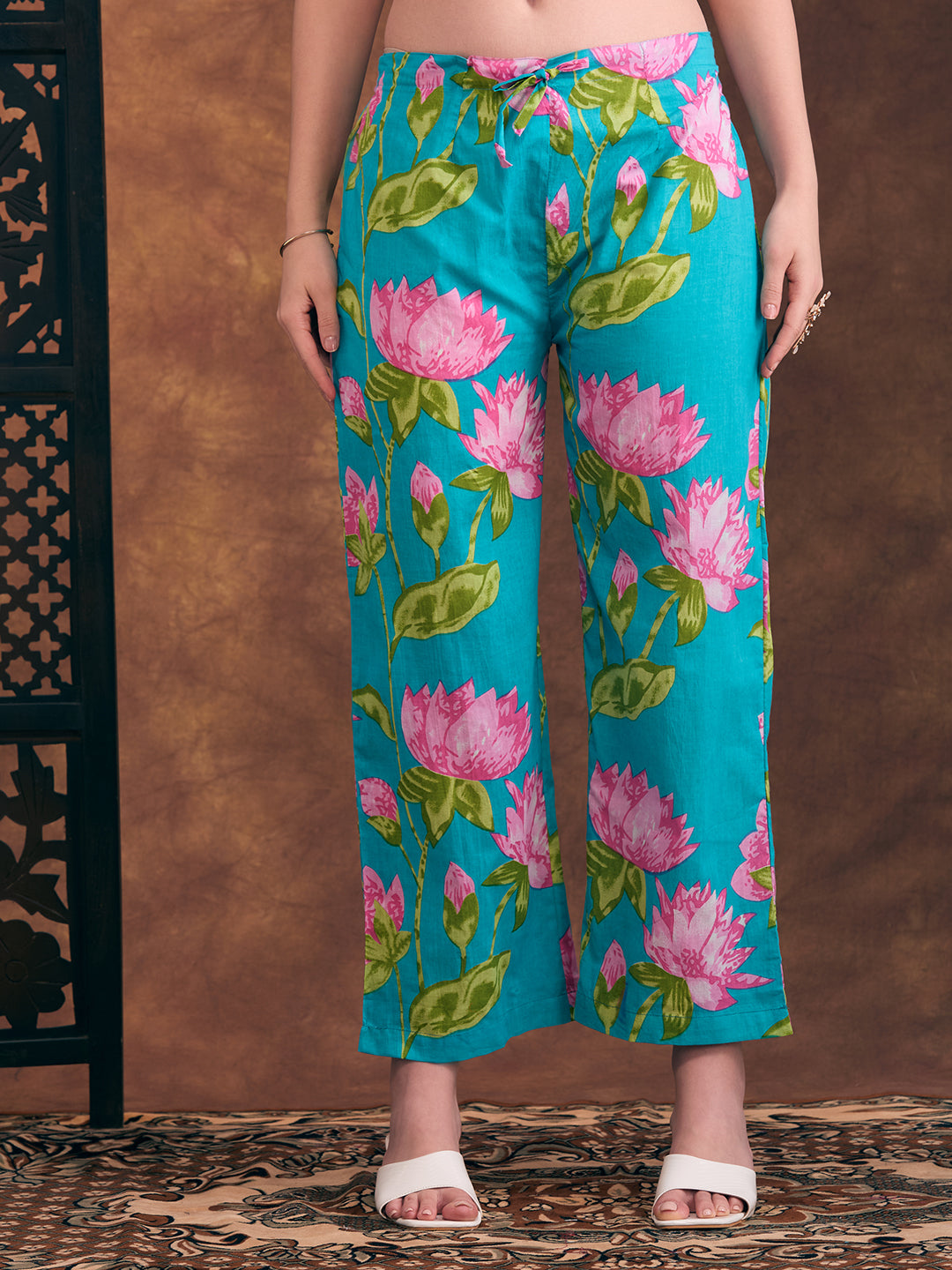 Floral Printed & Embroidered A-Line Paneled Kurta with Palazzo & Dupatta - Sea Green