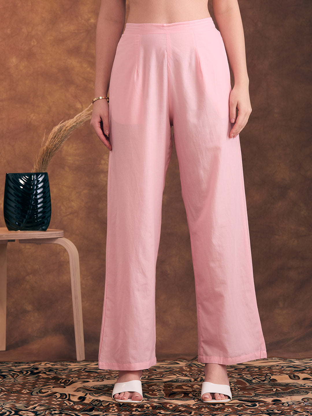 Solid Floral Patchwork Embroidered A-Line Co-ord Set - Pink