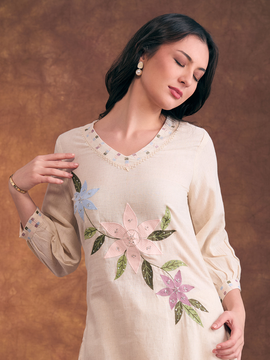 Floral Patchwork Embroidered Straight Fit Cotton Flax Co-ord Set - Off White