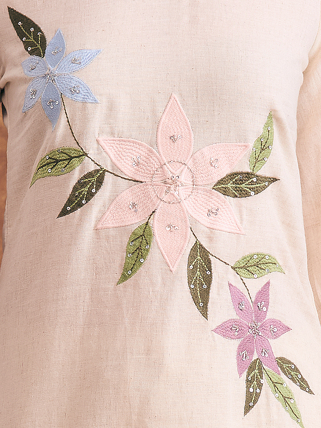 Floral Patchwork Embroidered Straight Fit Cotton Flax Co-ord Set - Off White