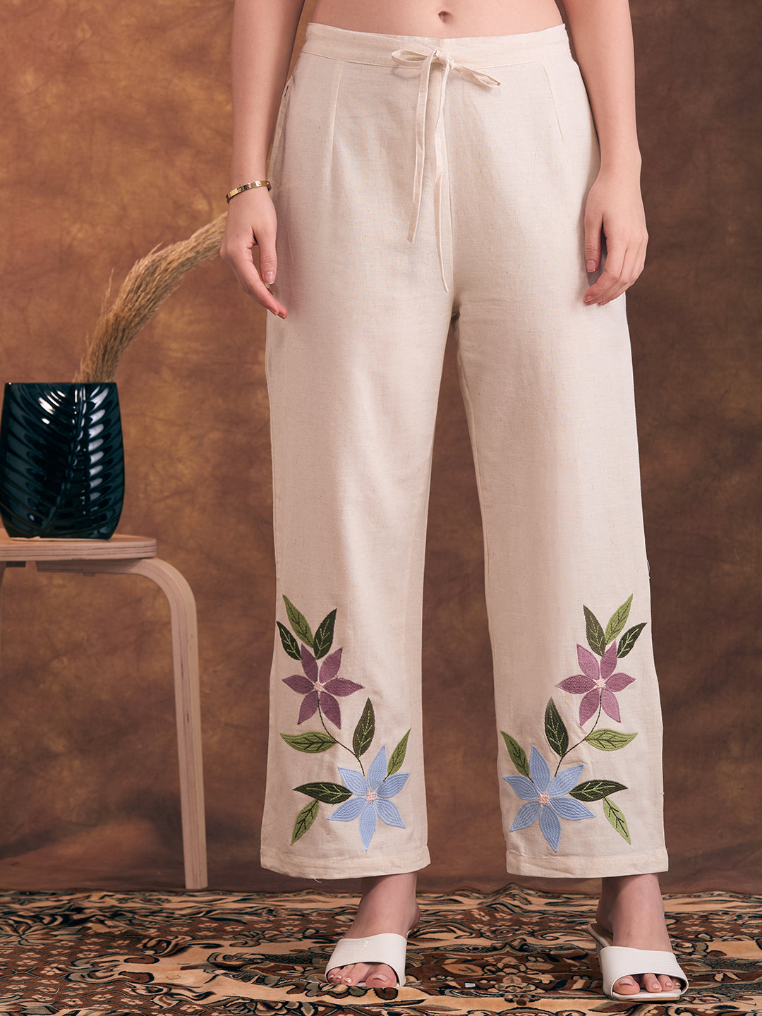 Floral Patchwork Embroidered Straight Fit Cotton Flax Co-ord Set - Off White