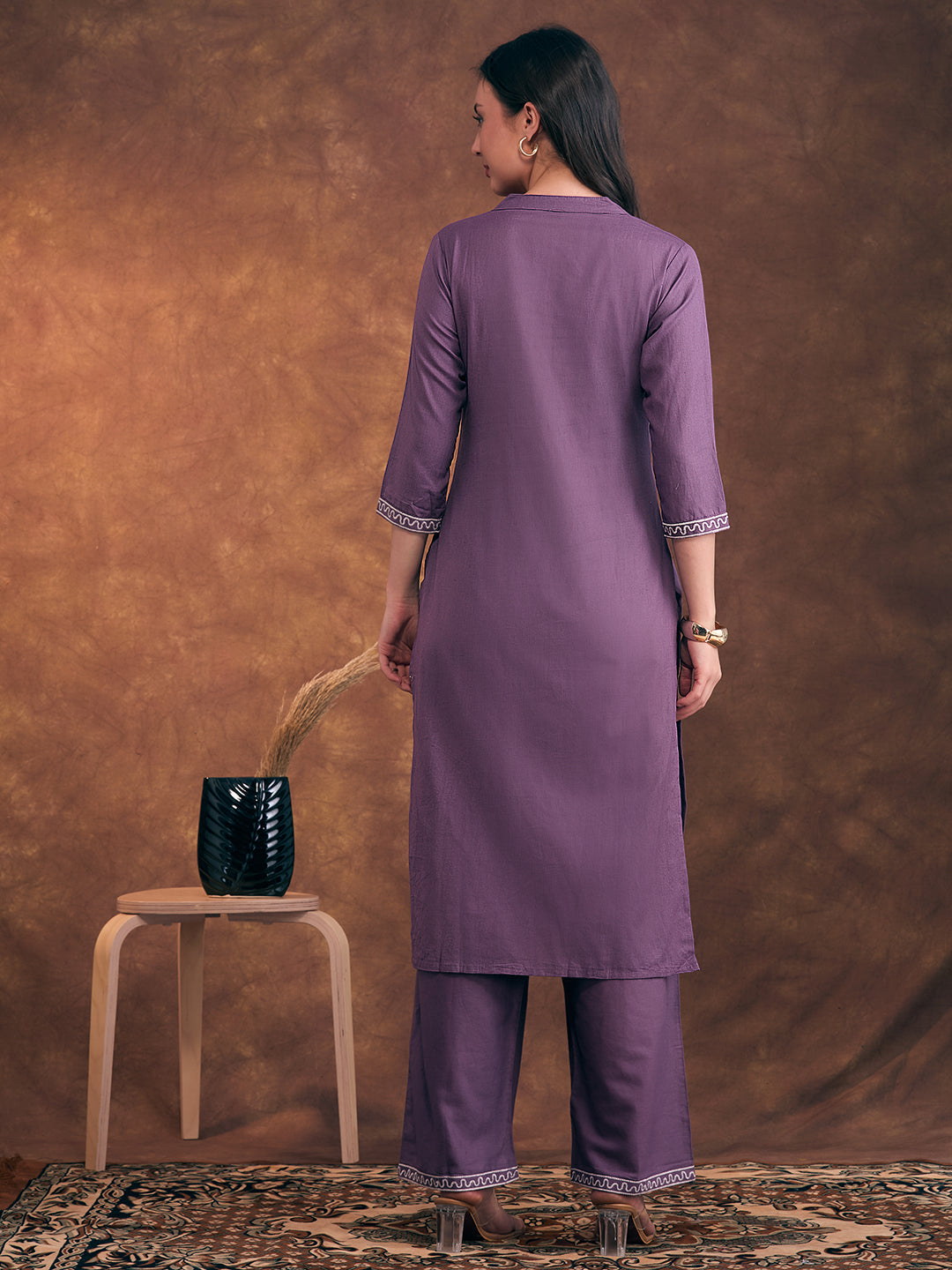Solid Floral Threadwork Embroidered Straight Fit Co-ord Set - Lavender